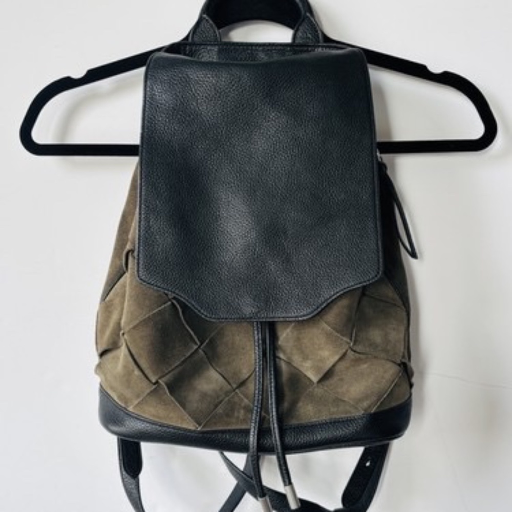RAG&BONE BLACK PEBBLED LEATHER&OLIVE GREEN SUEDE PILOT WOVEN BACKPACK PURSE BAG